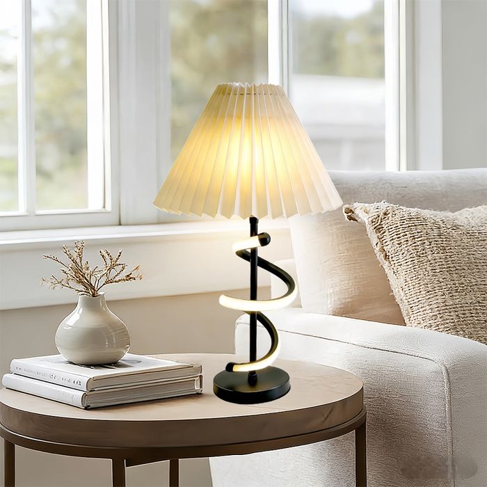 Lampe de Chevet Européenne Plissée 46 cm Lampe de Table Chambre avec Abat-jour en Tissu Base E27 + Ruban LED Décoratif Structure