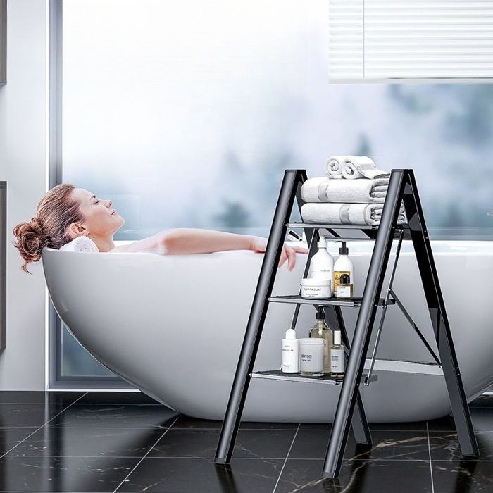 WOVREO escabeau pliant 3 marches en aluminium noir antidérapant compact et léger