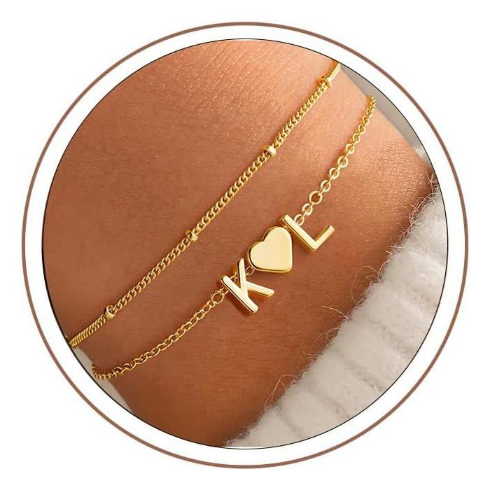 Bracelet 2 Lettre Initiales Femme Or–Plaqué Or 14 Carats Lettre Bracelet Personnalisé Bijoux Cadeaux Pour Femme Petite Amie [PP126]