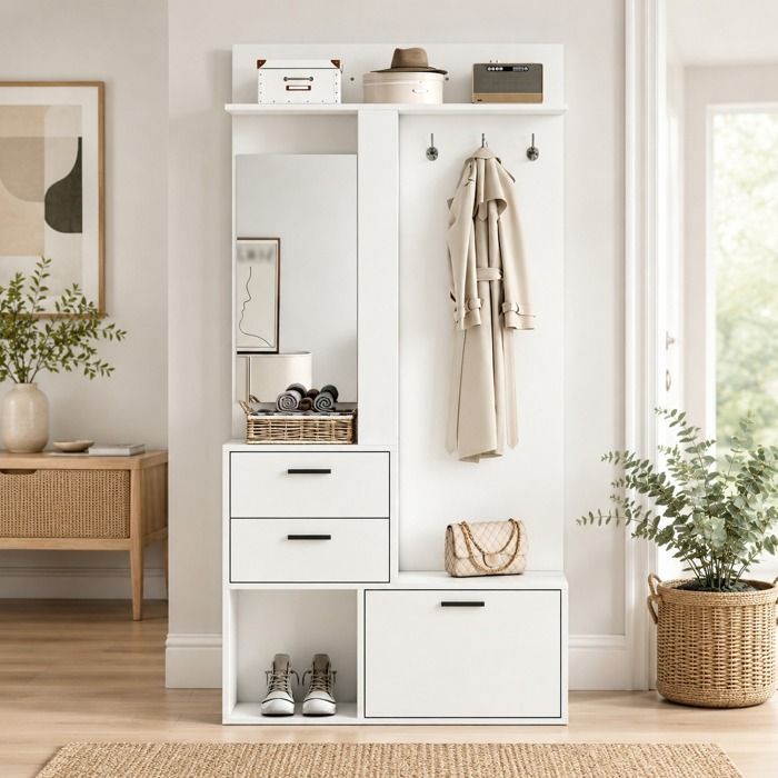 Meuble dentrée - Ensemble de vestiaires avec miroir et armoire à chaussures Vestiaire dentrée avec patères 90x30x180cm Blanc