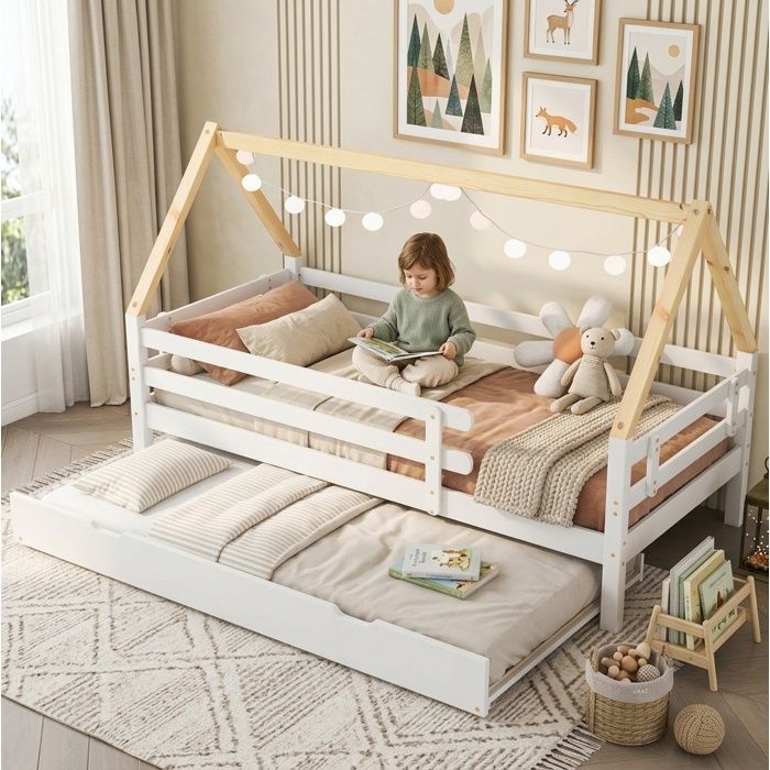 VEVXYN lit enfant cabane gigogne couchage gain de place 90 x 200 cm et 90 x 190 cm bois massif blanc et naturel avec barrières