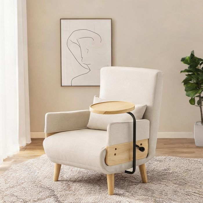 Fauteuil convertible 3-en-1 189x168x224 cm lin beige avec plateau bois et dossier inclinable 6 positions