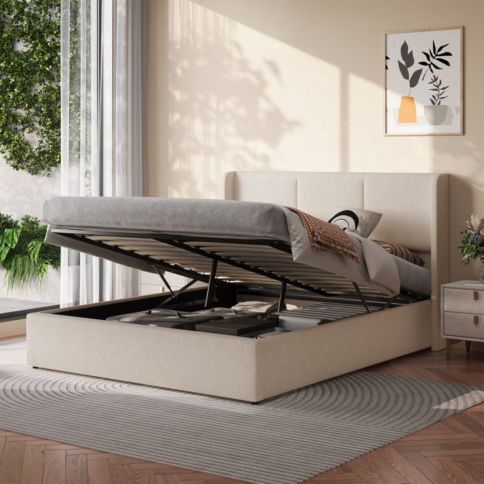 Lit coffre 140x190cm lin beige tête de lit oreilles mécanisme hydraulique amorti sommier lattes renforcé chambre adulte