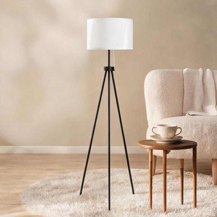 Lampe sur pied trépied contemporain en acier et polyester finition noire et blanche 37x152 cm