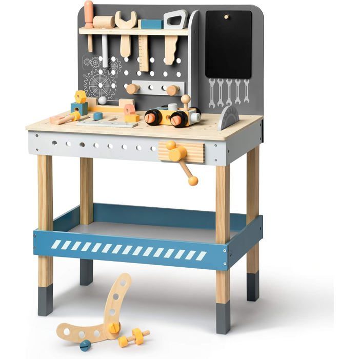 ROBUD Établi de bricolage enfant en bois bleu avec outils étau scie et tableau dès 3 ans