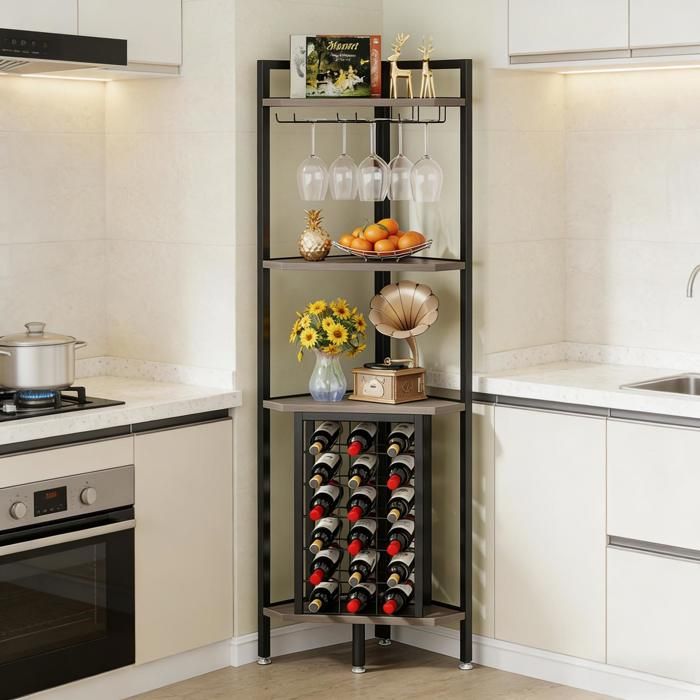 Meuble rangement d’angle porte-bouteilles 4 niveaux 18 bouteilles avec porte-verres MDF métal gris JOINERY