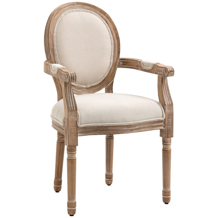 Chaise Médaillon de Salle à Manger et de Salon Style Louis XVI Bois Massif Patiné Sculpté Tissu Lin Crème