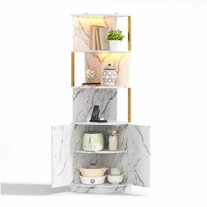 Buffet dangle armoire de rangement LED intégrée prise électrique 2 portes blanc effet marbre MDF 38 x 38 x 180 cm JOINERY