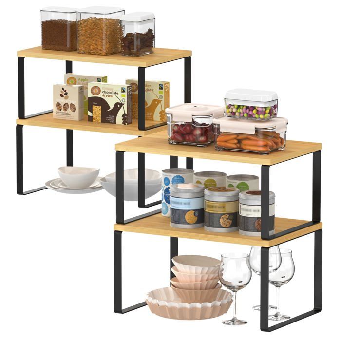 Lot de 4 ganisateur de Plac Étagère de Rangement de Cuisine Extensible Pte-épices Empilable Bambou Étagère N DESSERTE DE CUISINE
