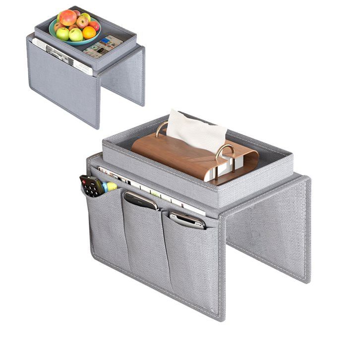 Plateau pour Accoudoir Canapé Organisateur Gris Porte-Téléphone et Support pour Tasse Rangement Télécommande