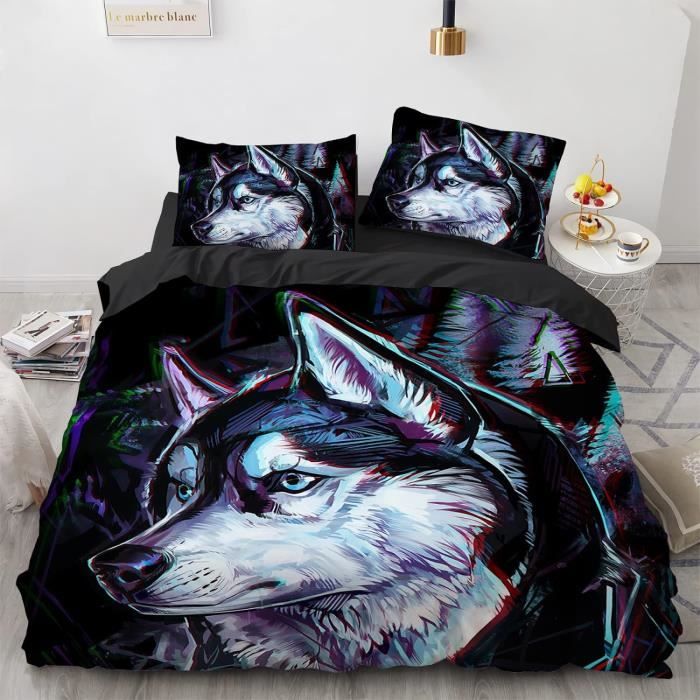 Housse De Couette 140x200 Cm Motif Loup Et Lune - 1 Taie D'oreiller 65x65 - Microfibre Douce Réversible - Pour Chambre Ado Ou Adulte