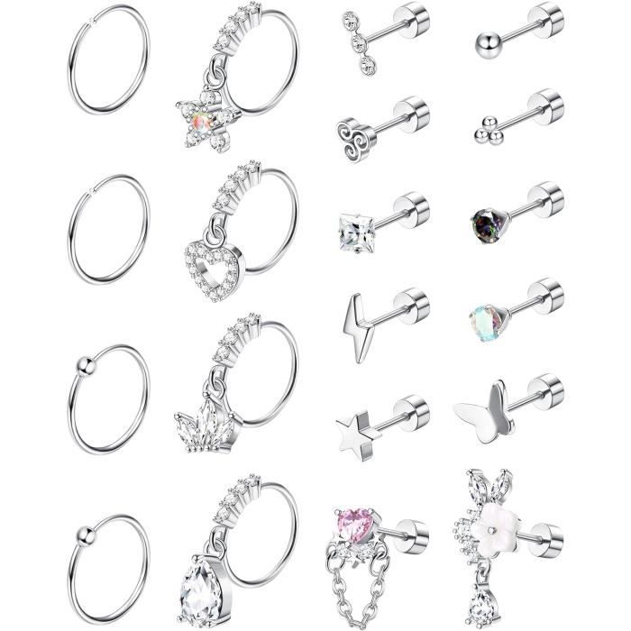 Adramata 12-teiliges Nasenpiercing Set - 20G L-förmige Stecker Mit Zirkonia Gold/Silber