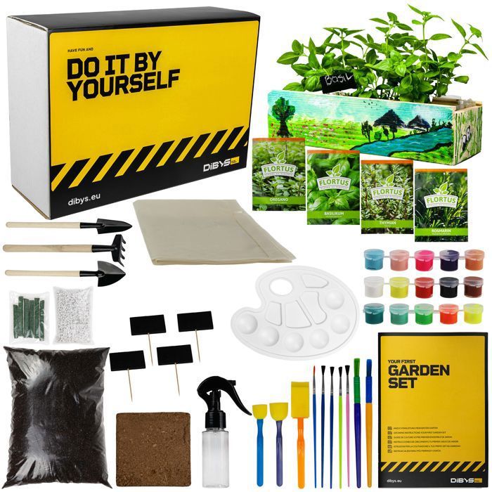 DIBYS Ensemble de culture pour enfants Ensemble de jardinage avec graines d'herbes, outils en bois et terre Idée de cadeau créative