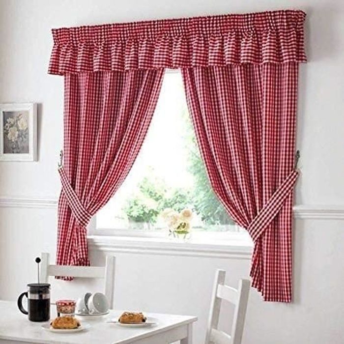 HongYa Ensemble De 2 Rideaux Opacifiants à Carreaux Rouges Avec Embrasses - 145x80 Cm - Décoration Romantique Pour Chambre
