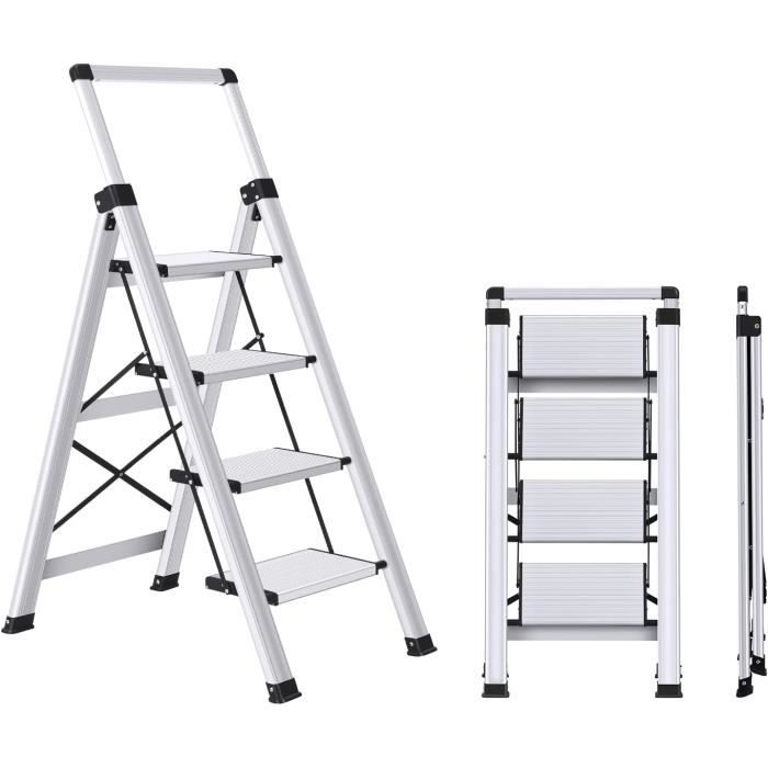 Escabeau 4 Marches Pliable - Capacité 150kg - Tapis Antidérapant - Acier - 124.5cm Haut