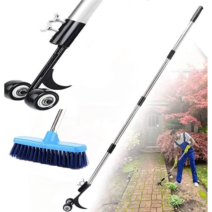 Brosse Télescopique Désherbante 3 En 1 - Manche 133 Cm, 2 Têtes Métalliques Pour Allées Et Terrasses - 4