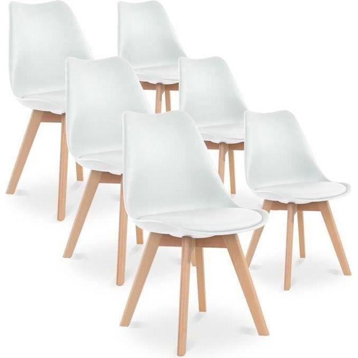 DORAFAIR Lot de 6 chaises - Blanc - Scandinave - Pieds bois - Cdiscount  Maison