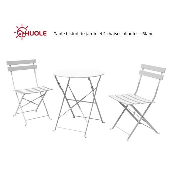 Table bistrot de jardin et 2 chaises pliantes - HUOLE - Blanc - 60 x 60 x 71 cm - Acier