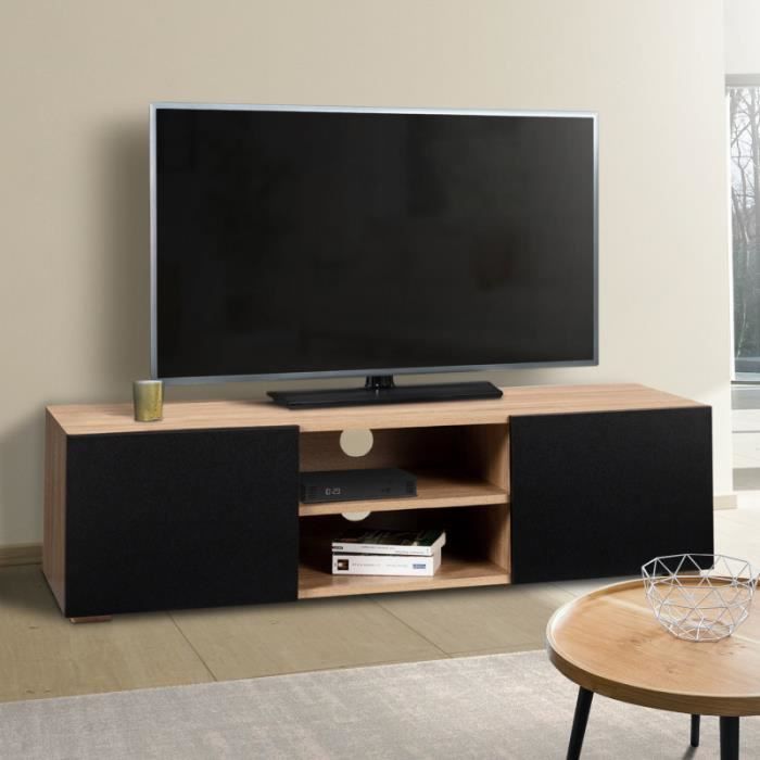 idmarket meuble tv eli bois façon hêtre portes noires 113 cm