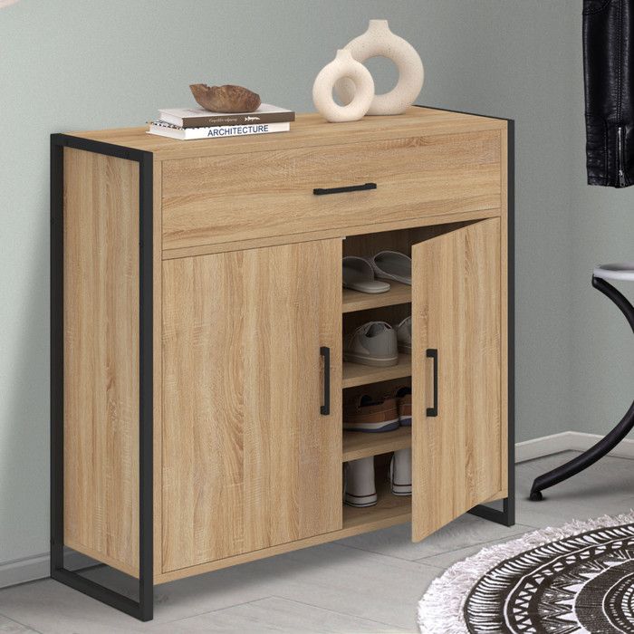 IDMARKET Armoire à chaussures 12 paires LUIS 2 portes avec tiroir design industriel IDMARKET Armoire à chaussures 12 paires LUIS 2 portes avec tiroir design industriel