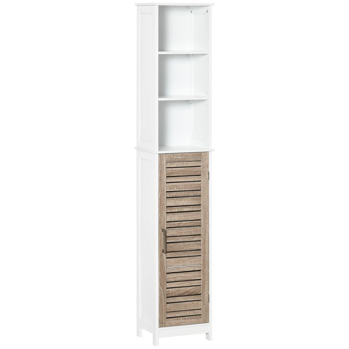Meuble Salle De Bain HOMCOM 120 Cm - Blanc Et Bambou, Avec Placard Et Étages Réglables