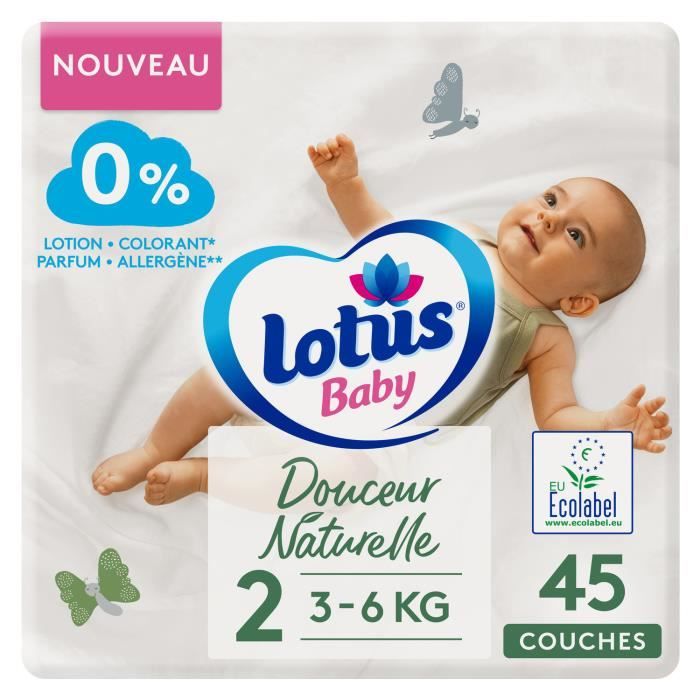 LOT DE 4 LOTUS BABY Couches bébé taille 2 3 6kg douceur naturelle paquet de 45 couches