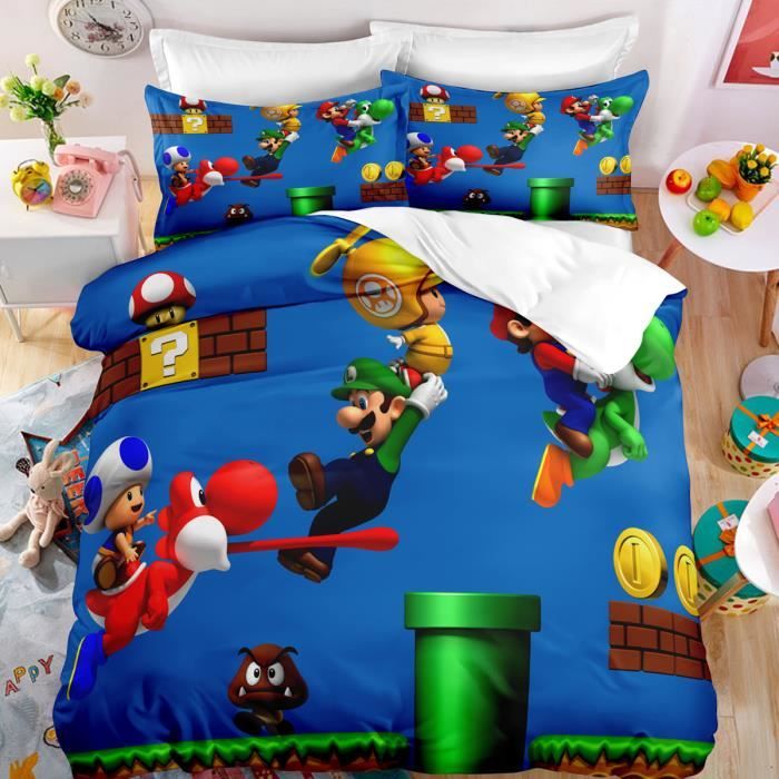 Parure De Lit Super Mario 140x200 Cm - Coton 100% - Réversible Avec Mario, Luigi...
