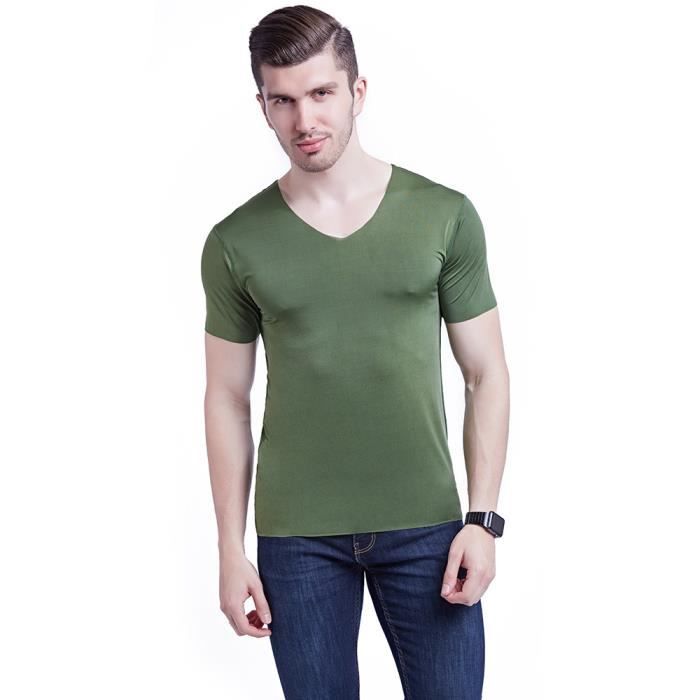 Col V Tee Shirt Vert Homme Lin Français Tee Shirt Lin Homme Col V