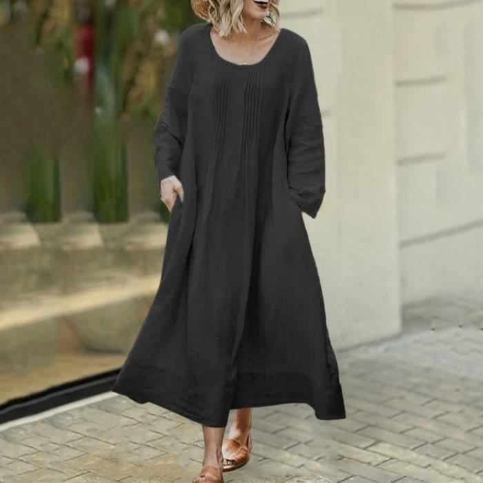 Robe Longue Loose pour Femme Couleur Unie Col Rond Manches Longues avec Poches pour Automne Noir Cdiscount Pret a Porter