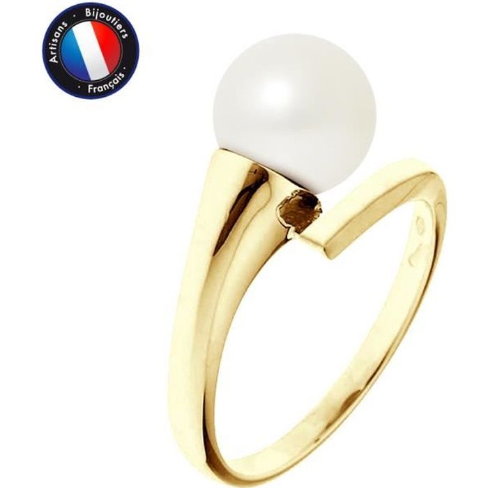 PERLINEA - Bague Véritable Perle de Culture d'Eau Douce Ronde 8-9 mm - Colori Blanc Naturel - Or Jaune - Bijou Femme
