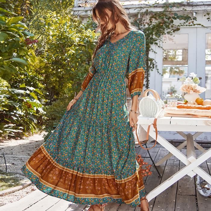 HAOLEI Robe Femme Bohème Maxi Imprimée Florale - Robe Été Chic Élégante Grande Taille S-XXXL - Vacances Plage Vintage