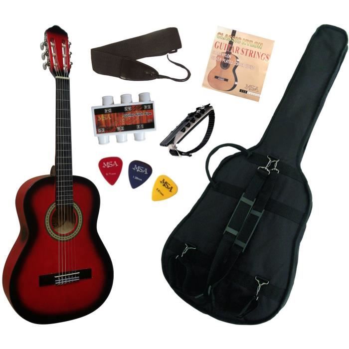 pack guitare classique 3/4 (8-13ans) pour enfant avec 6 accessoires (rouge)