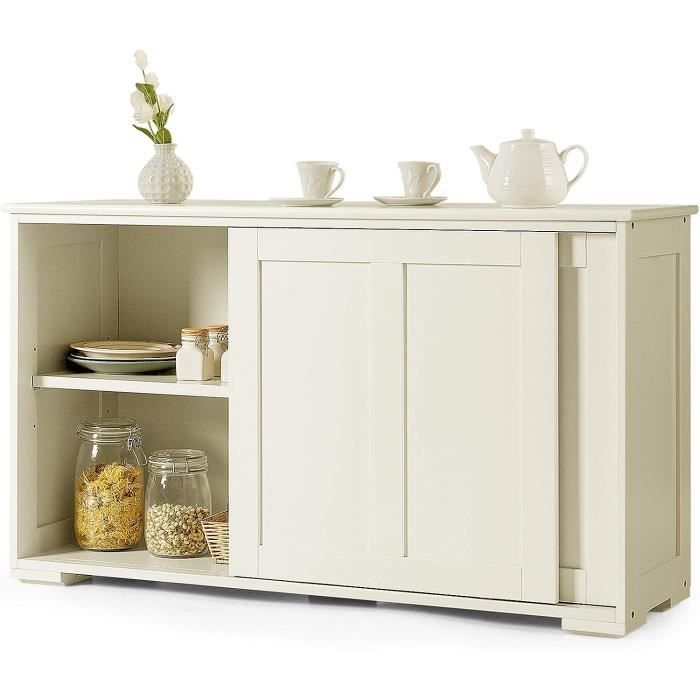 Buffet De Cuisine 2 étagères Réglables - Meuble Rangement Bas 107x33x62.5cm, Porte Coulissante, Blanc/brun - 7