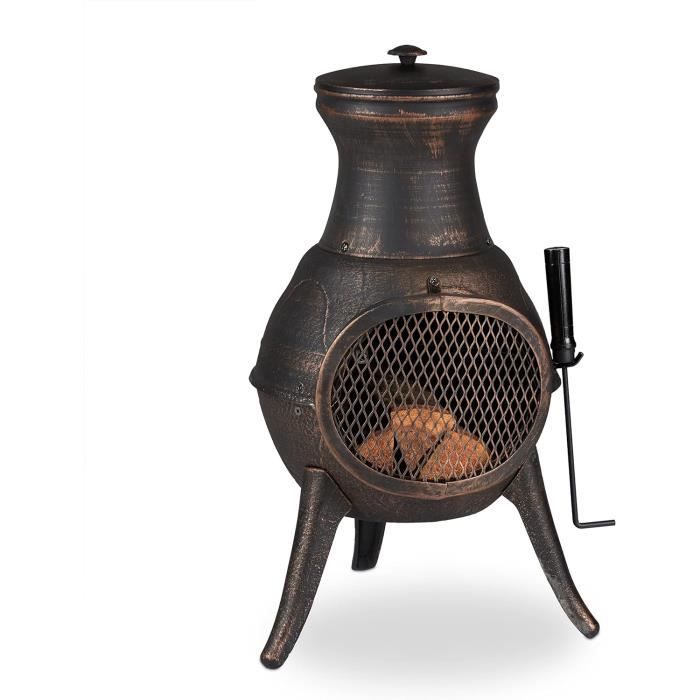 Brasero Jardin 2 En 1 Fonte Carré - Effet Bronze - Avec Housse Et Tisonnier - Pour Barbecue, Terrasse, Camping - 3