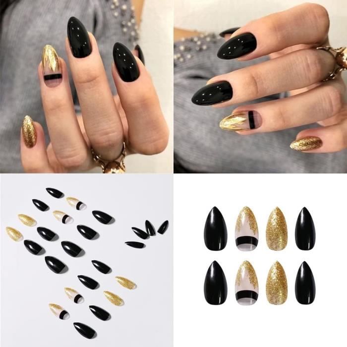 Faux ongles noirs et dorés Couverture complète des ongles Motif ballerine En acrylique