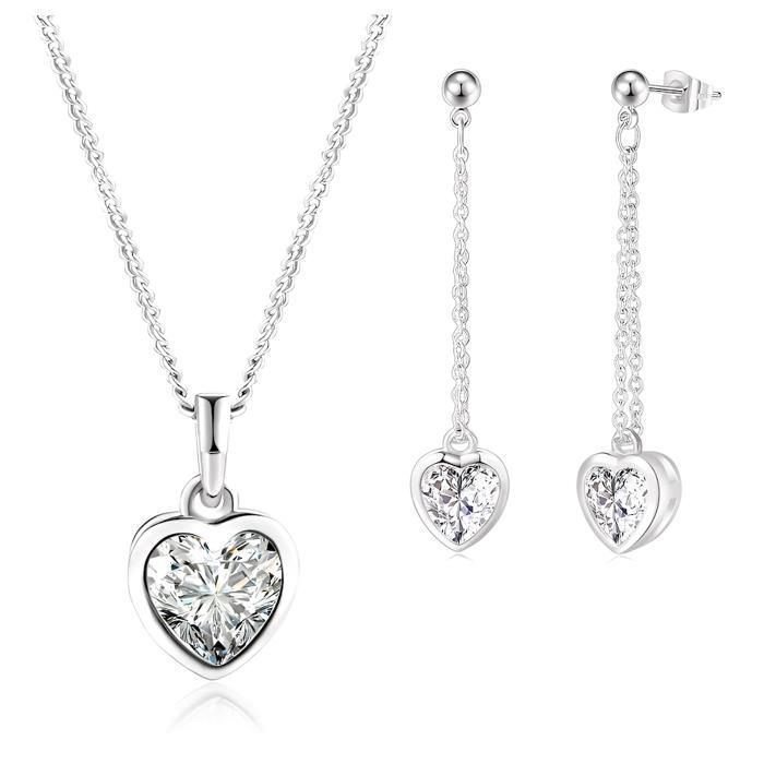 Parure Bijoux - Femme - Coeur - Cristal Autrichien - Blanc - Plaqué Or Blanc 750/1000 - 4 Pièces