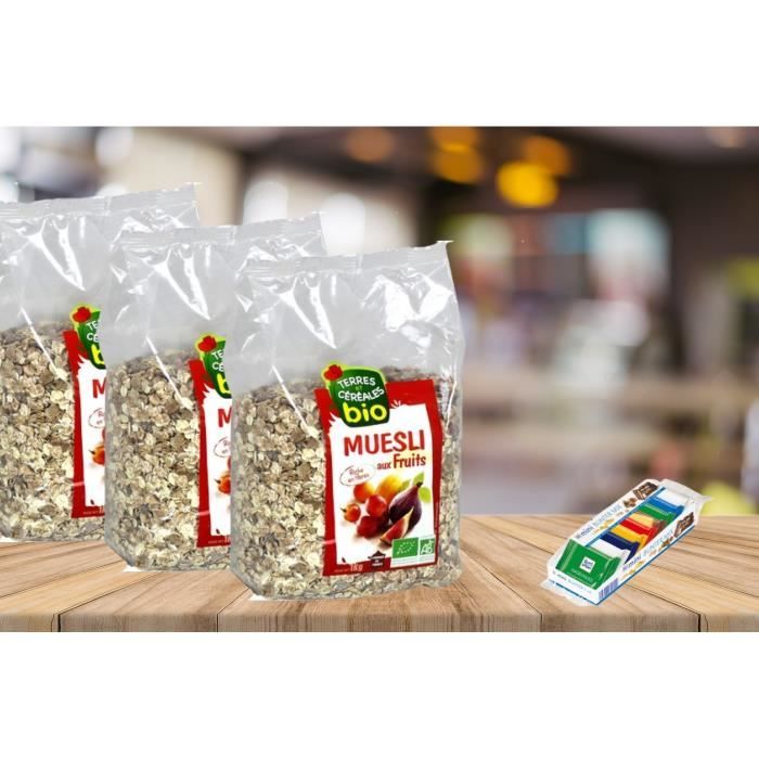 3 Boites Céréales muesli aux fruits Terres et céréales bio 1Kg + Ritter