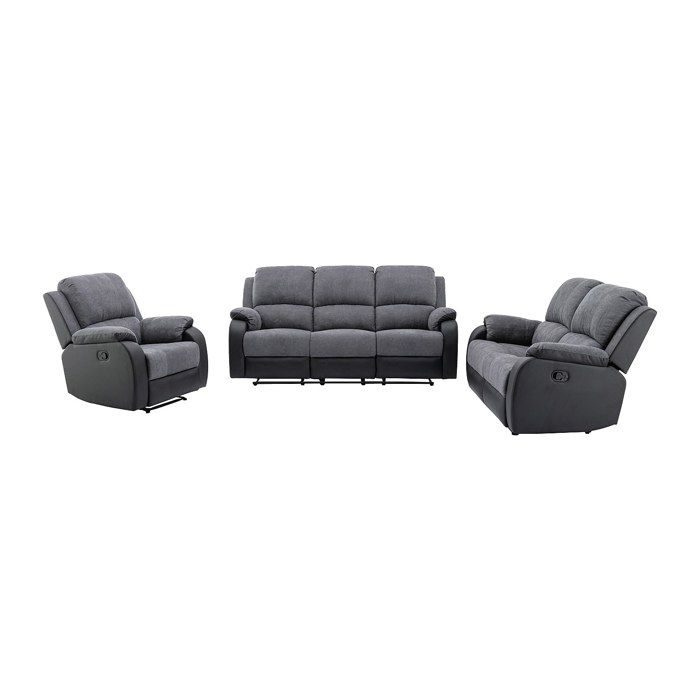 Canapés 3 places 2 places et un fauteuil relax en microfibre et simili gris et noir BRODY