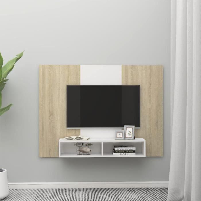 hua - meubles tv - meuble tv mural blanc et chêne sonoma 135x23,5x90 cm aggloméré - yosoo - dx22152