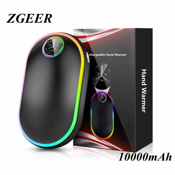 Chauffe-Mains Rechargeable - 10000mAh 2 in 1 USB Chaufferette Main avec écran LED et éclairage Couleur - Noir