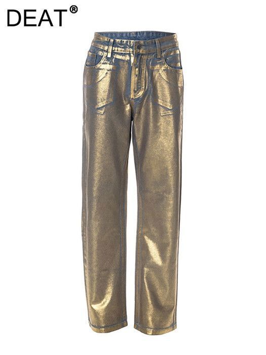 DEAT Jean taille haute pour femme pantalon en denim imprime dore pleine longueur droit jambe large nouvelle mode Silver A305 Blanc Cdiscount Pret a Porter