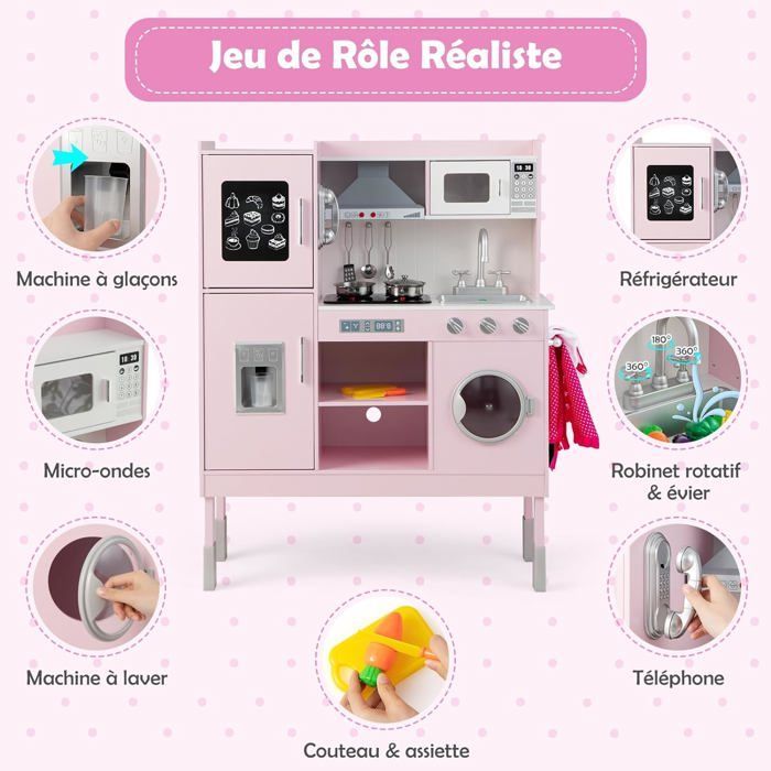 Cuisine En Bois Pour Enfant Avec Lave-linge, Lumières Et Sons Réalistes – Jouet Immersif Dès 3 Ans, 82x80x25 Cm, Blanc