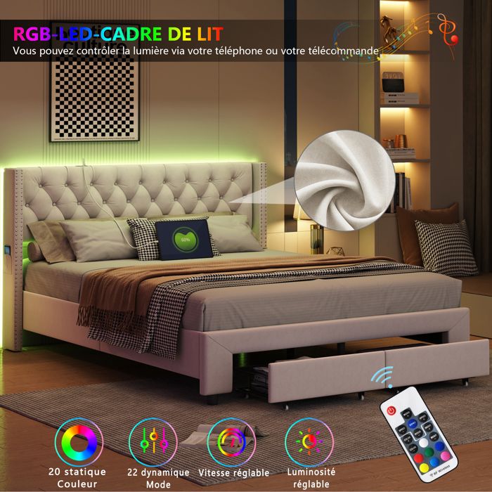 Lit coffre Lit double Lit adulte 140 x 200 cm avec bande led et télécommande - PU - blanc - sans