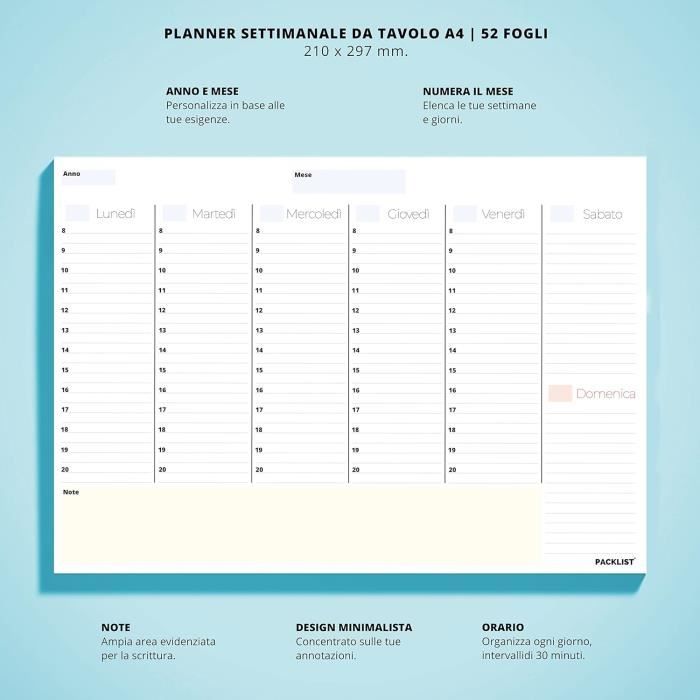 Planner Settimanale Scrivania - Planning Settimanale Da Tavolo A4 - Agenda  Settimanale, 52 Flogi - Weekly Planner - Agenda Ap[u3687] - Cdiscount  Beaux-Arts et Loisirs créatifs