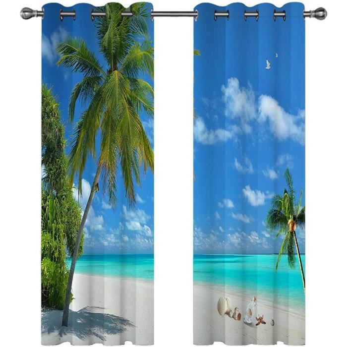 Rideaux Extérieur Imperméables Hiseng - Motif Vue Mer 3D, Occultants Et Isolants Pour Pergola, Terrasse, Jardin - 2 Pièces 137x203 Cm