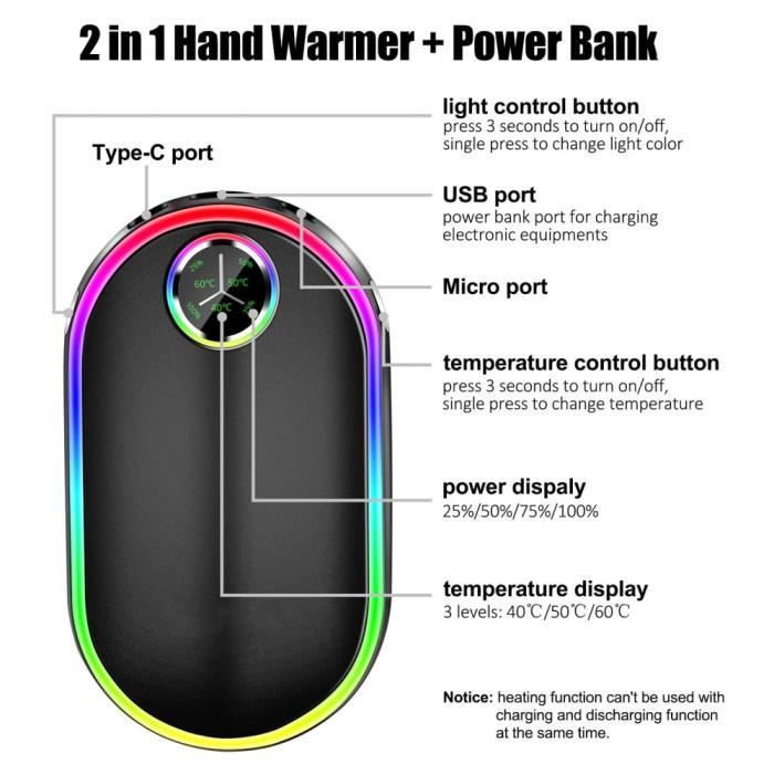 Chauffe-mains rechargeable 2-en-1 avec batterie 10000mAh chauffe