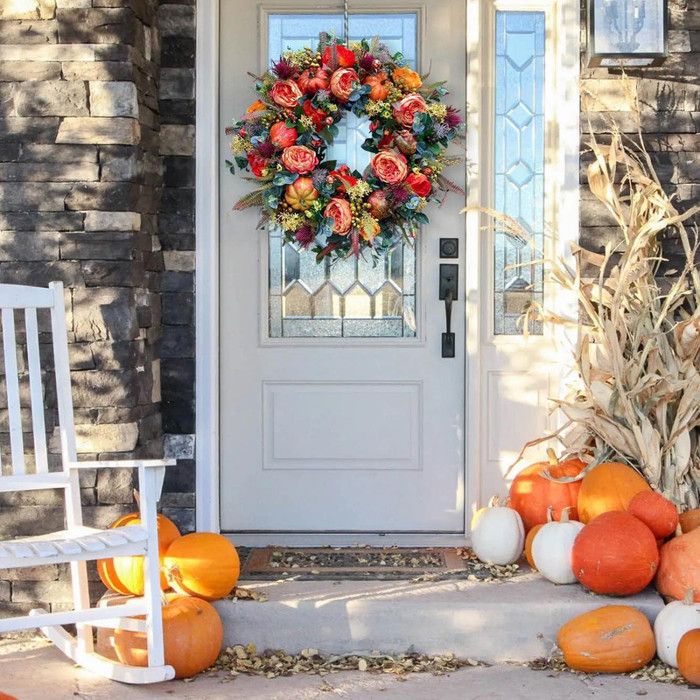 Couronne D'automne Pour Porte - Décorations Fête, Thanksgiving, Halloween, En Soie Et Rotin, Diamètre ~45-50 Cm