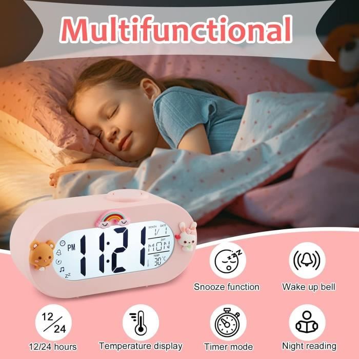 Réveil Numérique Enfant Ayybboo - Horloge Avec Snooze 8 Sonneries, Design Ours Lapin, 7 Langues, Minuteur Et Thermomètre (Bleu)