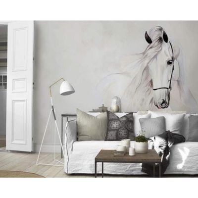 Papier Peint 3D Cheval Blanc ZHU1292 – Photo Murale Amovible Zoé, Décor Moderne