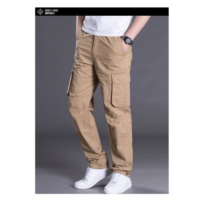 Pantalon Cargo Homme Droit Multipoches Taille Elastique Pantalon de Travail  en Coton Couleur Unie